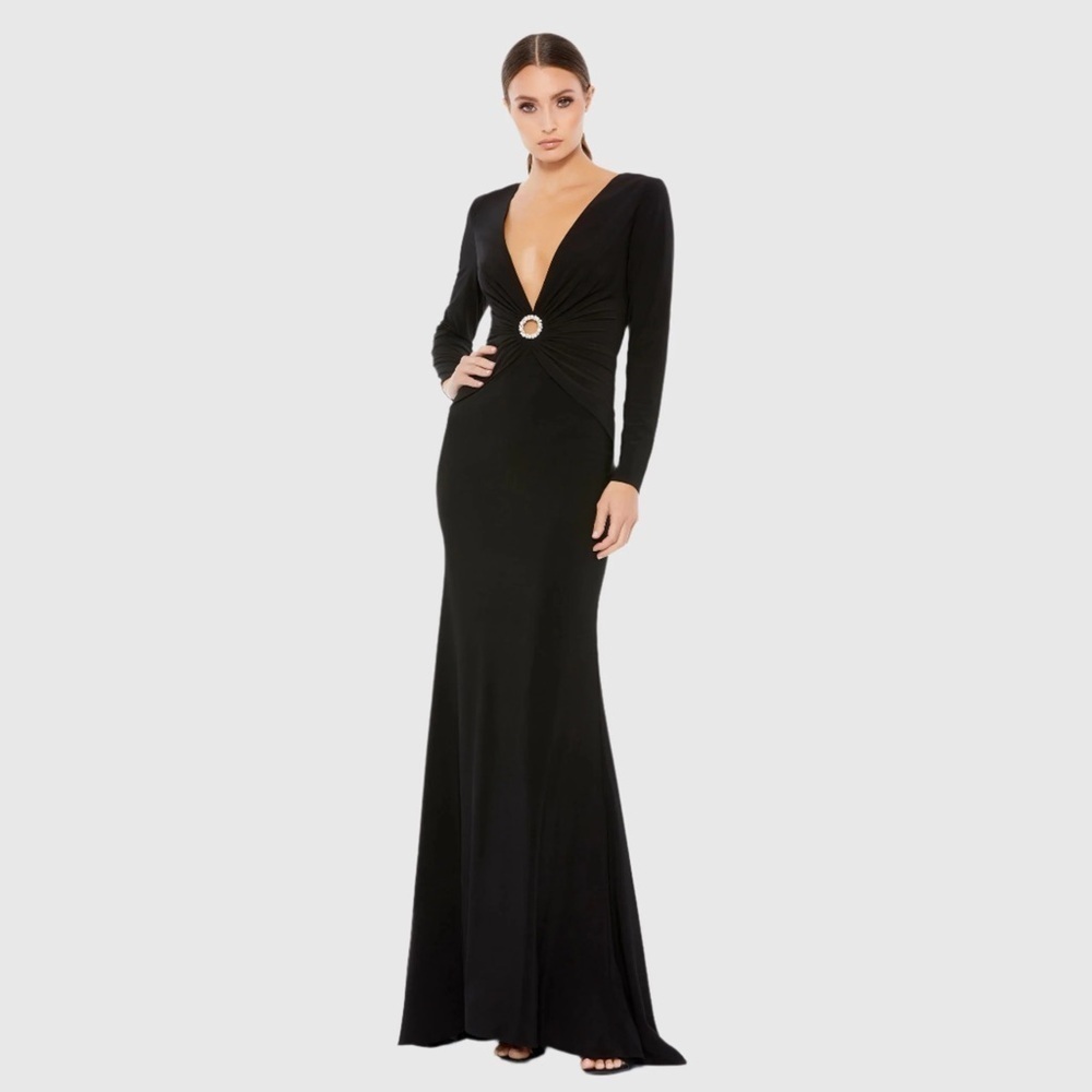 IEENA FOR MAC DUGGAL 26514 NWT Gathered Pearl Long Sleeve Keyhole Gown